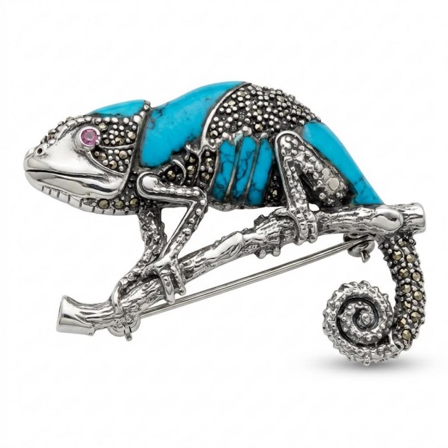 Spectacular Big Chameleon Lizard inlay Turquoise .925 Sterling Silver handmade Brooch