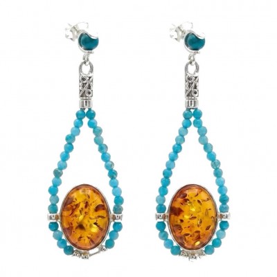 Seaside Natural Baltic Amber Aquamarine .925 Sterling Silver handmade earrings