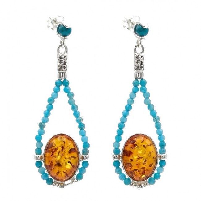 Seaside Natural Baltic Amber Aquamarine .925 Sterling Silver handmade earrings