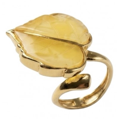 Golden Leaf - Natural Butterscotch Baltic Amber .925 Sterling Silver dipped in 18K Gold handcrafted ring; s. 7 adjustable