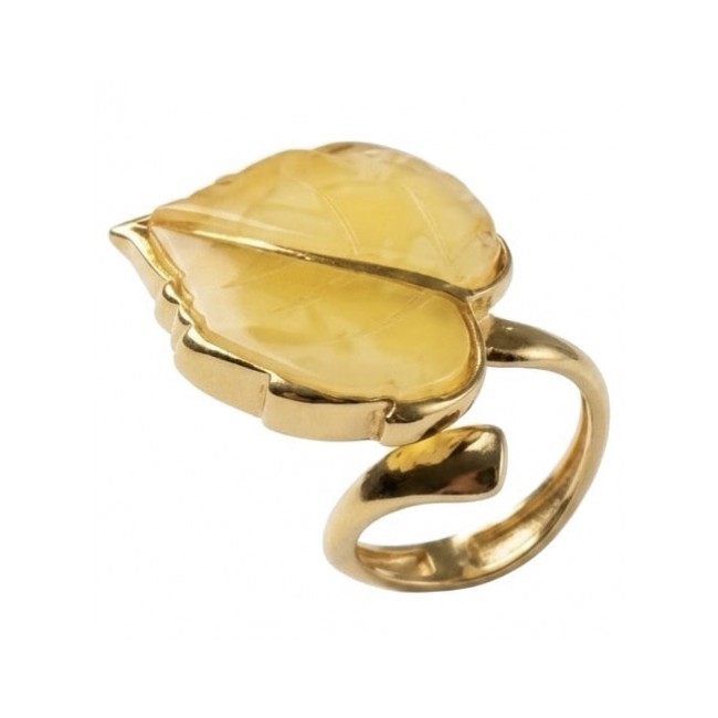 Golden Leaf - Natural Butterscotch Baltic Amber .925 Sterling Silver dipped in 18K Gold handcrafted ring; s. 7 adjustable