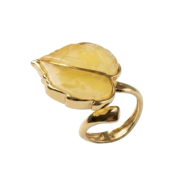 Golden Leaf - Natural Butterscotch Baltic Amber .925 Sterling Silver dipped in 18K Gold handcrafted ring; s. 7 adjustable