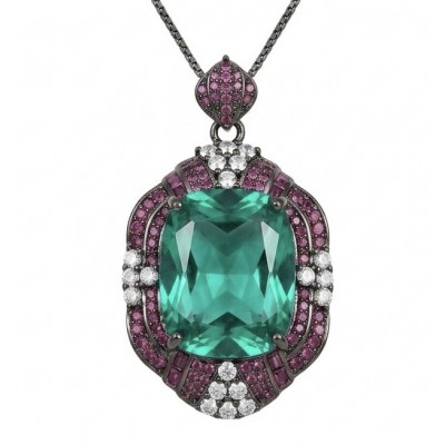 ART DECO Authentic 24.7 carat Aquamarine Ruby Black rhodium over .925 Sterling Silver handmade necklace