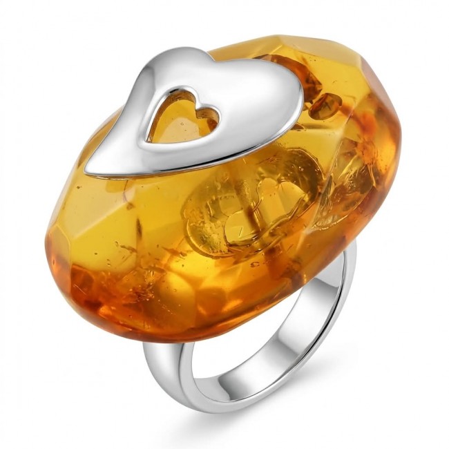 Heart Authentic Baltic Amber .925 Sterling Silver handcrafted ring; s. 6 ADJUSTABLE