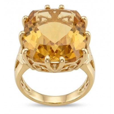 22.8 carat Genuine Lemon Quartz 14K Gold over .925 Sterling Silver handcrafted ring size 6