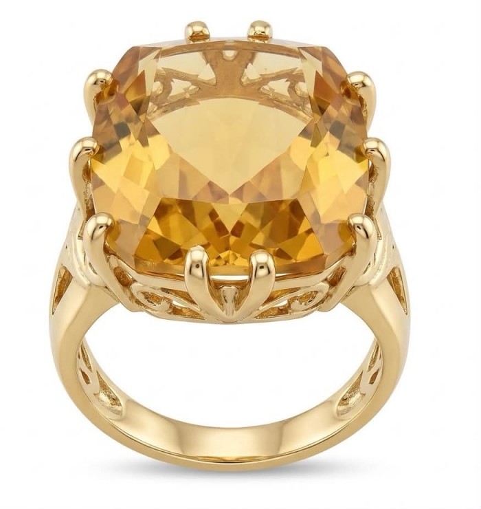22.8 carat Genuine Lemon Quartz 14K Gold over .925 Sterling Silver handcrafted ring size 6