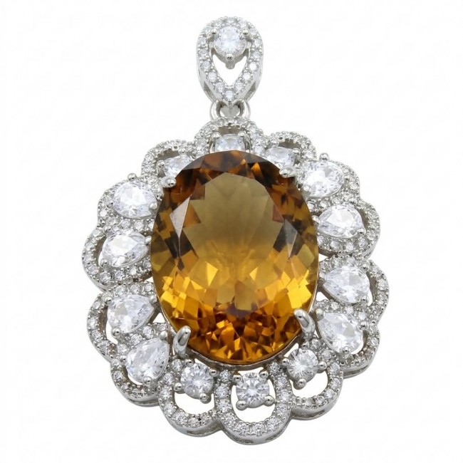 Luxury genuine 25.7 CARAT oval cut Champagne Topaz .925 Sterling Silver dipped in rhodium handmade Pendant