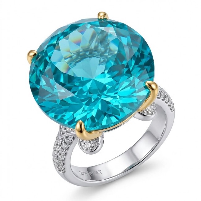Gabriella 25.2 carat authentic Paraiba Tourmaline 2 tones .925 Sterling Silver handcrafted Statement Ring size 6 adjustable
