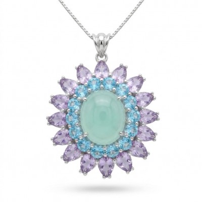 Royal quality genuine 19.8 carat Prehnite rhodium over .925 Sterling Silver handcrafted Pendant