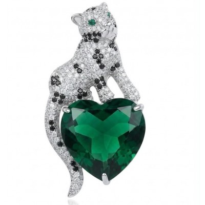 Passionate Love Cheetah authentic 38.5 carat Emerald .925 Sterling Silver Handcrafted pendant brooch