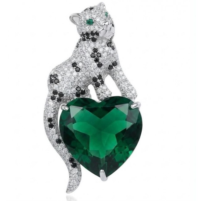 Passionate Love Cheetah authentic 38.5 carat Emerald .925 Sterling Silver Handcrafted pendant brooch