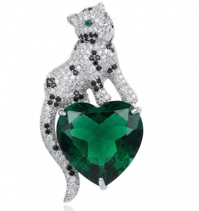 Passionate Love Cheetah authentic 38.5 carat Emerald .925 Sterling Silver Handcrafted pendant brooch