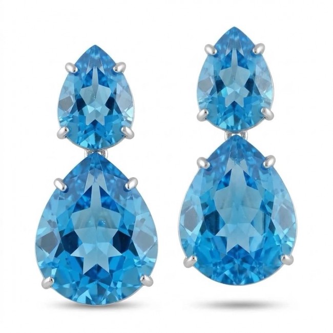 Atlantica 36.7 carat Swiss Blue Topaz RHODIUM OVER .925 Sterling Silver Handcrafted LARGE Statement earrings