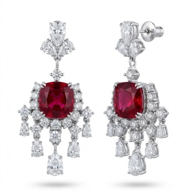 Anna Maria- authentic 6.5 carat Ruby .925 Sterling Silver dipped in rhodium handcrafted Statement Earrings