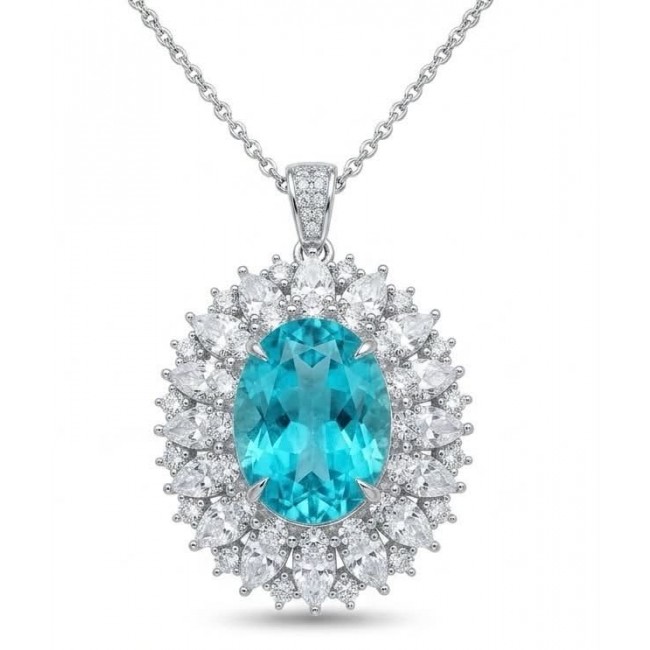 Wonderland 18.5 carat fancy oval cut Paraiba Tourmaline .925 Sterling Silver Handcrafted Statement necklace