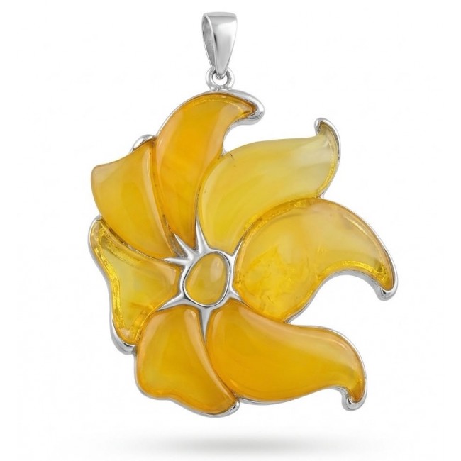 Golden Wild Lotus Natural Butterscotch Baltic Polish Amber .925 Sterling Silver dipped in rhodium handcrafted Pendant