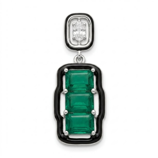 Art Deco 8.5 carat Emerald black enamel .925 Sterling Silver handmade Pendant