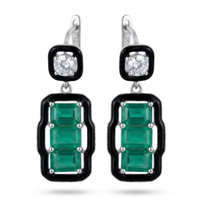 Art Deco 8.5 carat Emerald black enamel .925 Sterling Silver handcrafted earrings