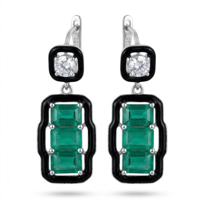 Art Deco 8.5 carat Emerald black enamel .925 Sterling Silver handcrafted earrings