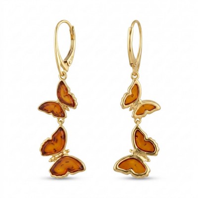 Butterflies carved Baltic Polish Amber 18K Gold over .925 Sterling Silver handcrafted earrings