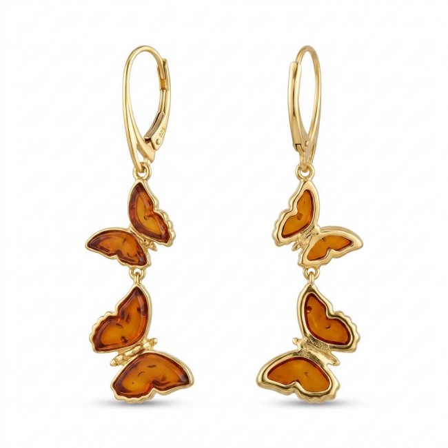 Butterflies carved Baltic Polish Amber 18K Gold over .925 Sterling Silver handcrafted earrings