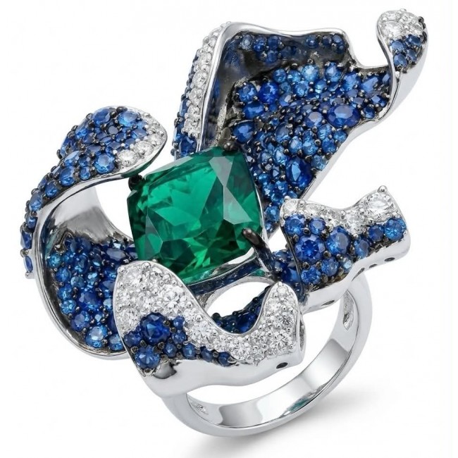 Wild Flower 54.2 carat authentic Colombian Emerald Sapphire .925 Sterling Silver handcrafted Statement Ring size 7 adjustable
