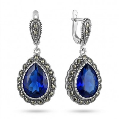 Julietta 15.5 carat London Blue Topaz Marcasite .925 Sterling Silver handmade Statement earrings