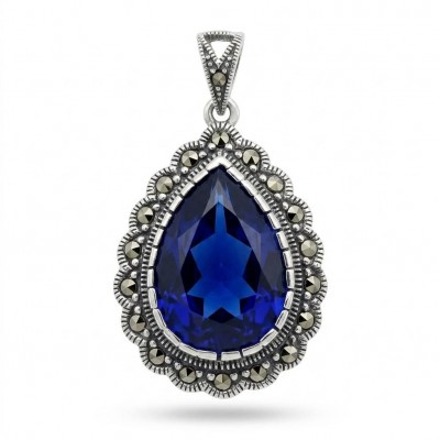 Julietta 14.5 carat London Blue Topaz Marcasite .925 Sterling Silver handmade Statement Pendant