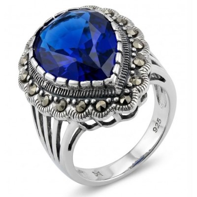 Julietta 12.8 carat London Blue Topaz Marcasite .925 Sterling Silver handmade Statement Ring size 6