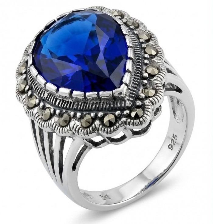 Julietta 12.8 carat London Blue Topaz Marcasite .925 Sterling Silver handmade Statement Ring size 6