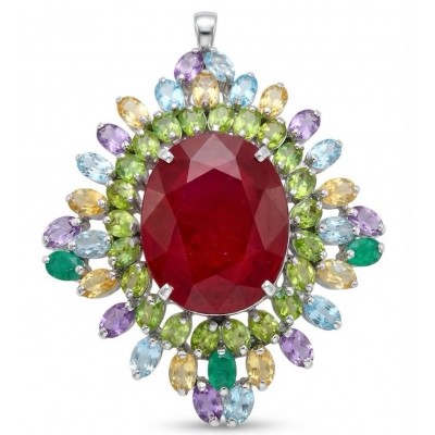 Rainbow Rapsody - RARE FINDING - 55.7 carat Authentic Ruby .925 Sterling Silver handcrafted Pendant Brooch