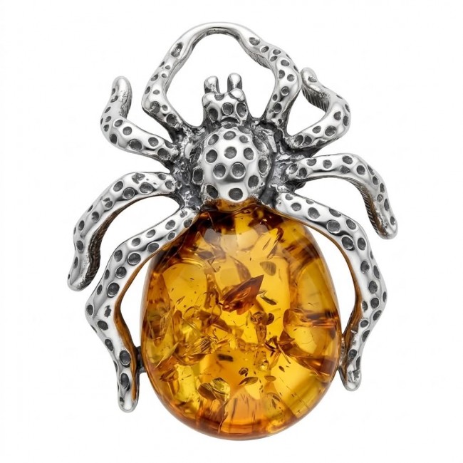 Piece of Art ! Large Golden Spider Authentic Baltic Amber .925 Sterling Silver handcrafted ring; s. 7 adjustable
