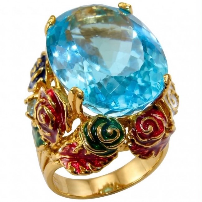 ENCHANTED GARDEN 25.3 carat Swiss Blue Topaz ENAMEL .925 Sterling Silver dipped in 22K Gold handcrafted Large ring size 7 3/4