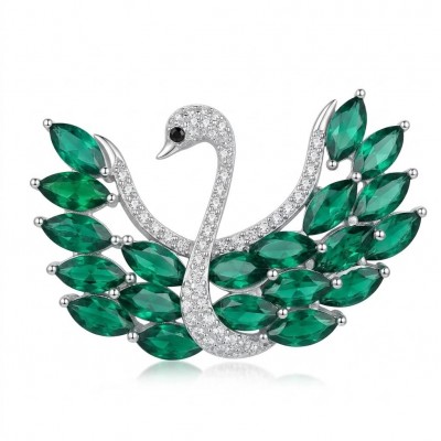 Graceful Swan Genuine 19.5 carat Colombian Emerald .925 Sterling Silver handmade Pendant - Brooch