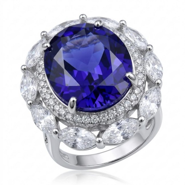 Precious Design oval cut 24.9 CARAT Tanzanite .925 Sterling Silver Statement Ring s. 5 1/4