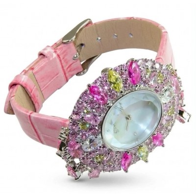 Precious 18.5 carat Authentic Pink Sapphire Genuine Leather strap .925 Sterling Silver handmade Watch