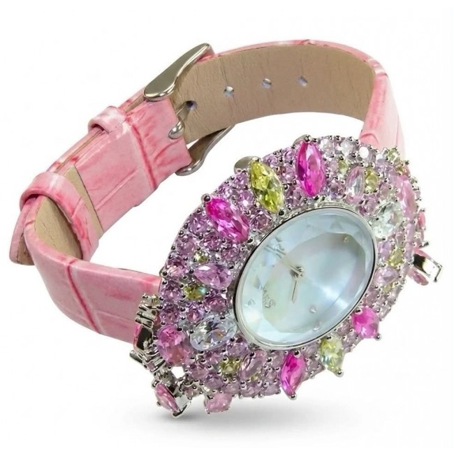 Precious 18.5 carat Authentic Pink Sapphire Genuine Leather strap .925 Sterling Silver handmade Watch