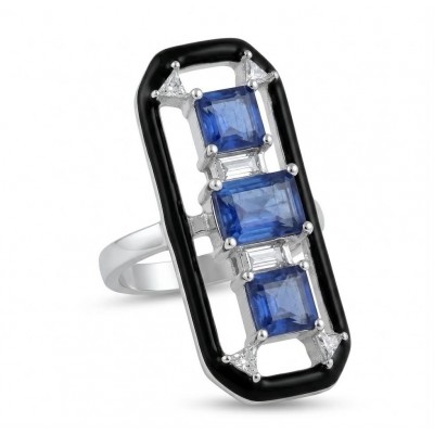 Art Deco 6.2 carat Sapphire black enamel .925 Sterling Silver handcrafted Ring size 6