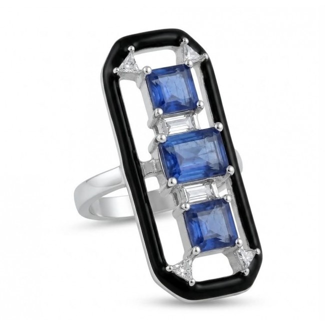 Art Deco 6.2 carat Sapphire black enamel .925 Sterling Silver handcrafted Ring size 6