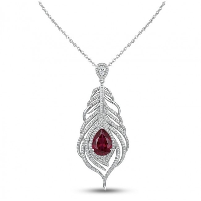Precious Magic Feather 10.2 carat Ruby .925 Sterling Silver .925 Sterling Silver Statement Necklace