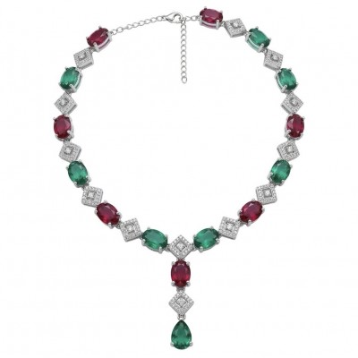 Ginevra - Luxurious natural 18.4 carat Ruby Emerald .925 Sterling Silver handmade Statement necklace
