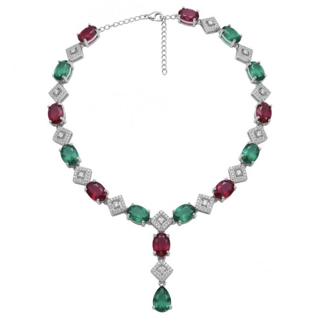 Ginevra - Luxurious natural 18.4 carat Ruby Emerald .925 Sterling Silver handmade Statement necklace