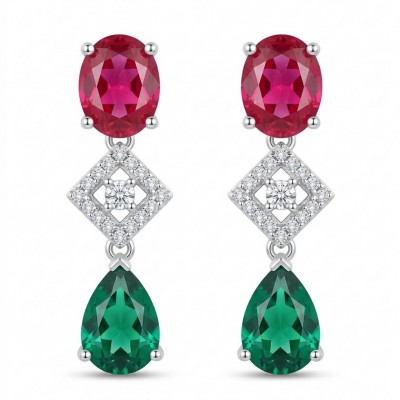 Ginevra - Luxurious natural 10.4 carat Ruby Emerald .925 Sterling Silver handmade Statement Earrings
