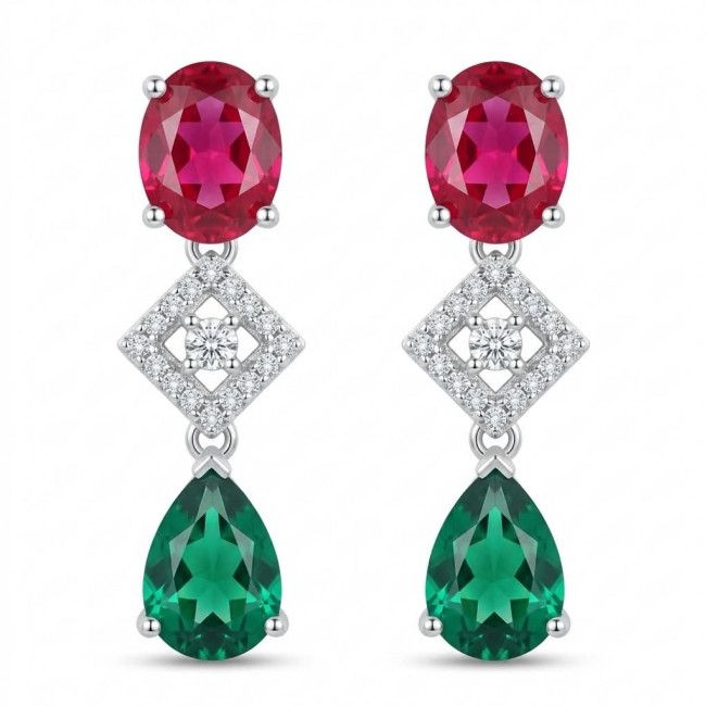 Ginevra - Luxurious natural 10.4 carat Ruby Emerald .925 Sterling Silver handmade Statement Earrings
