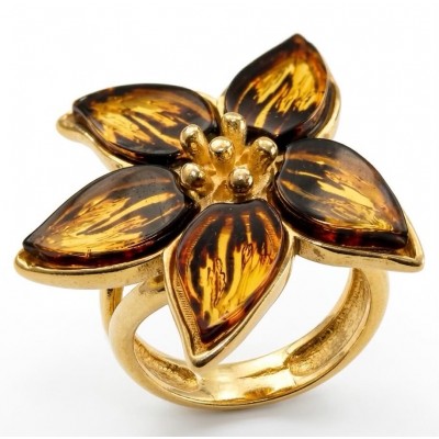 Golden Flower Authentic Baltic Amber 18K Gold over .925 Sterling Silver handcrafted ring; s. 7 adjustable