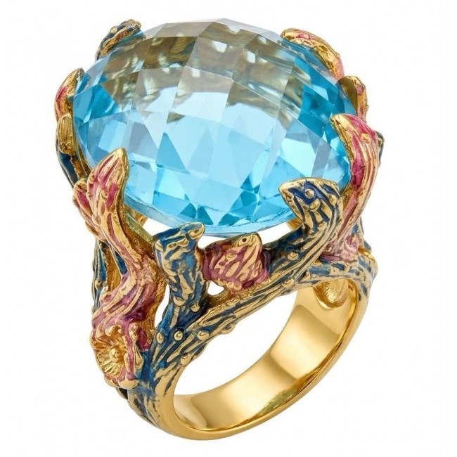 Poseidon 65.3 carat Swiss Blue Topaz ENAMEL .925 Sterling Silver dipped in 18K Gold handcrafted Large ring size 7