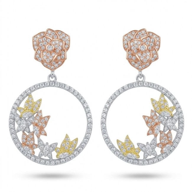 Black Label Collection - Floral design - Natural White Topaz 22K Gold over .925 Sterling Silver handmade 3 tones earrings
