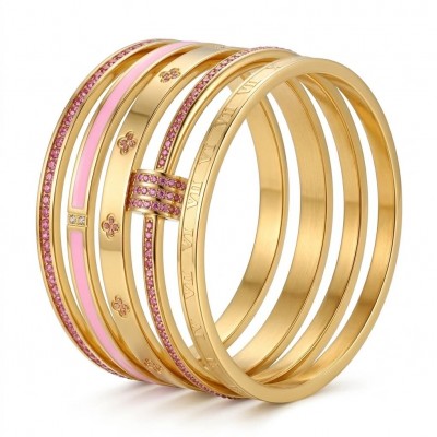 Mystery - White Topaz Inlaid Bracelet Set Stackable 5 golden Bangles - Excellent quality each bracelet Does open and close