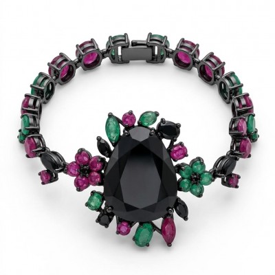 Mystery 82.2 carat authentic Ruby Black rhodium over .925 Sterling Silver handcrafted Statement Bracelet