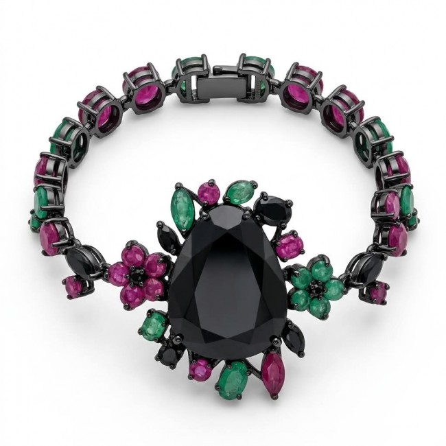 Mystery 82.2 carat authentic Ruby Black rhodium over .925 Sterling Silver handcrafted Statement Bracelet